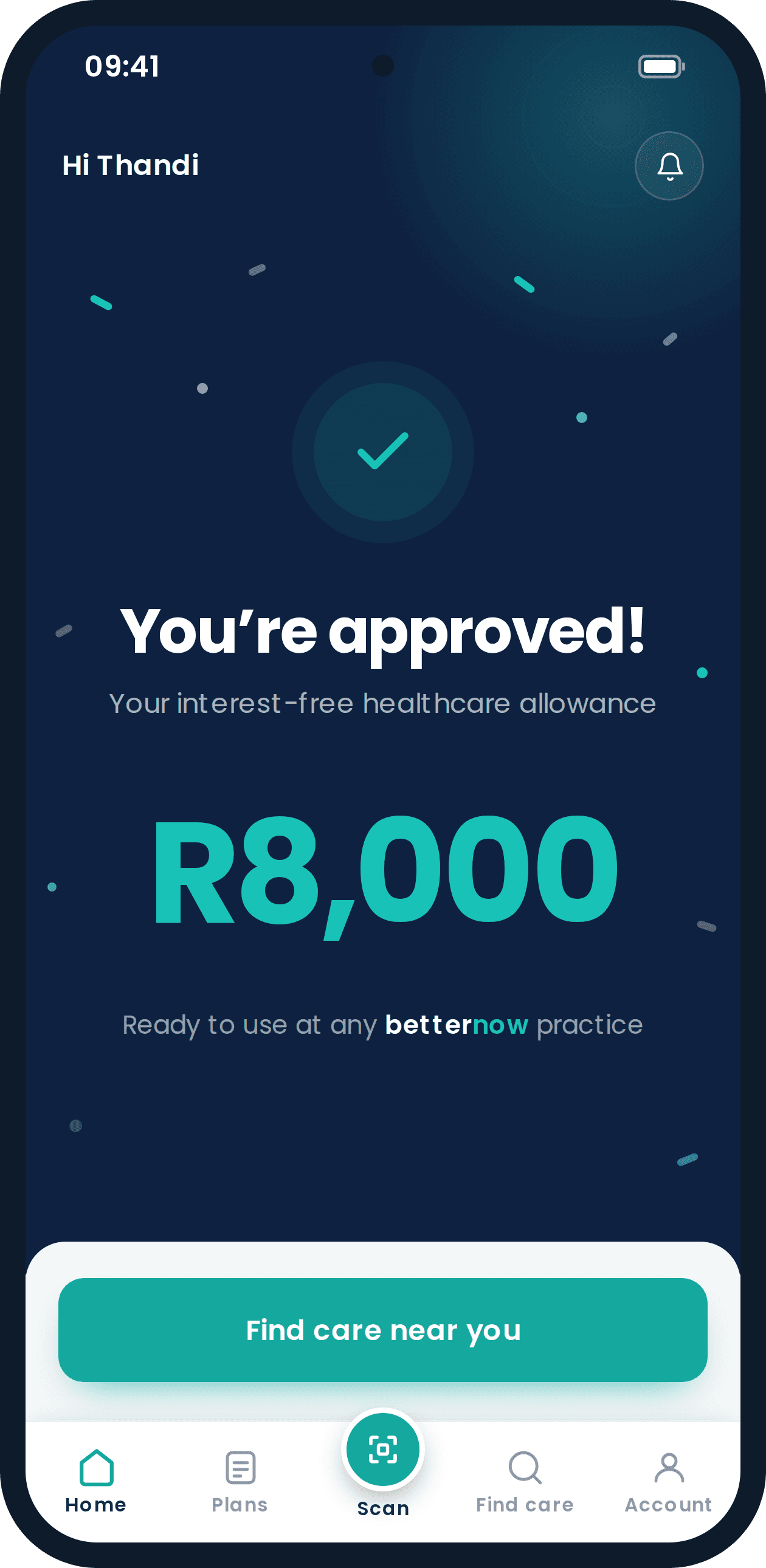 betternow app showing an approved interest-free healthcare allowance